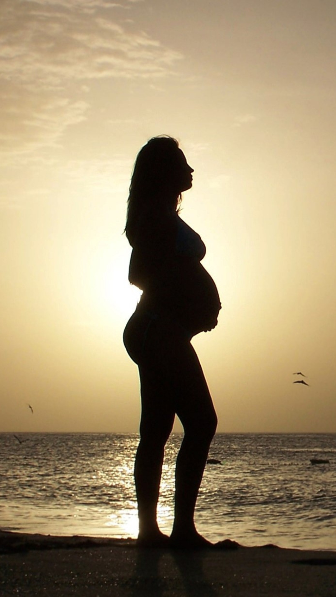 Photo d'une femme enceinte sur la plage au soleil couchant, si bien qu'elle apparait en silhouette noire, la mer et le ciel en arrière plan, avec des oiseaux. Elle tient son ventre et a la tête haute. Cette photo est là pour illustrer mon invitée, Amandine, qui a souhaité rester anonyme, est enceinte actuellement (de 5 mois lors de l'enregistrement) et vit à Marseille, d'où la plage. 